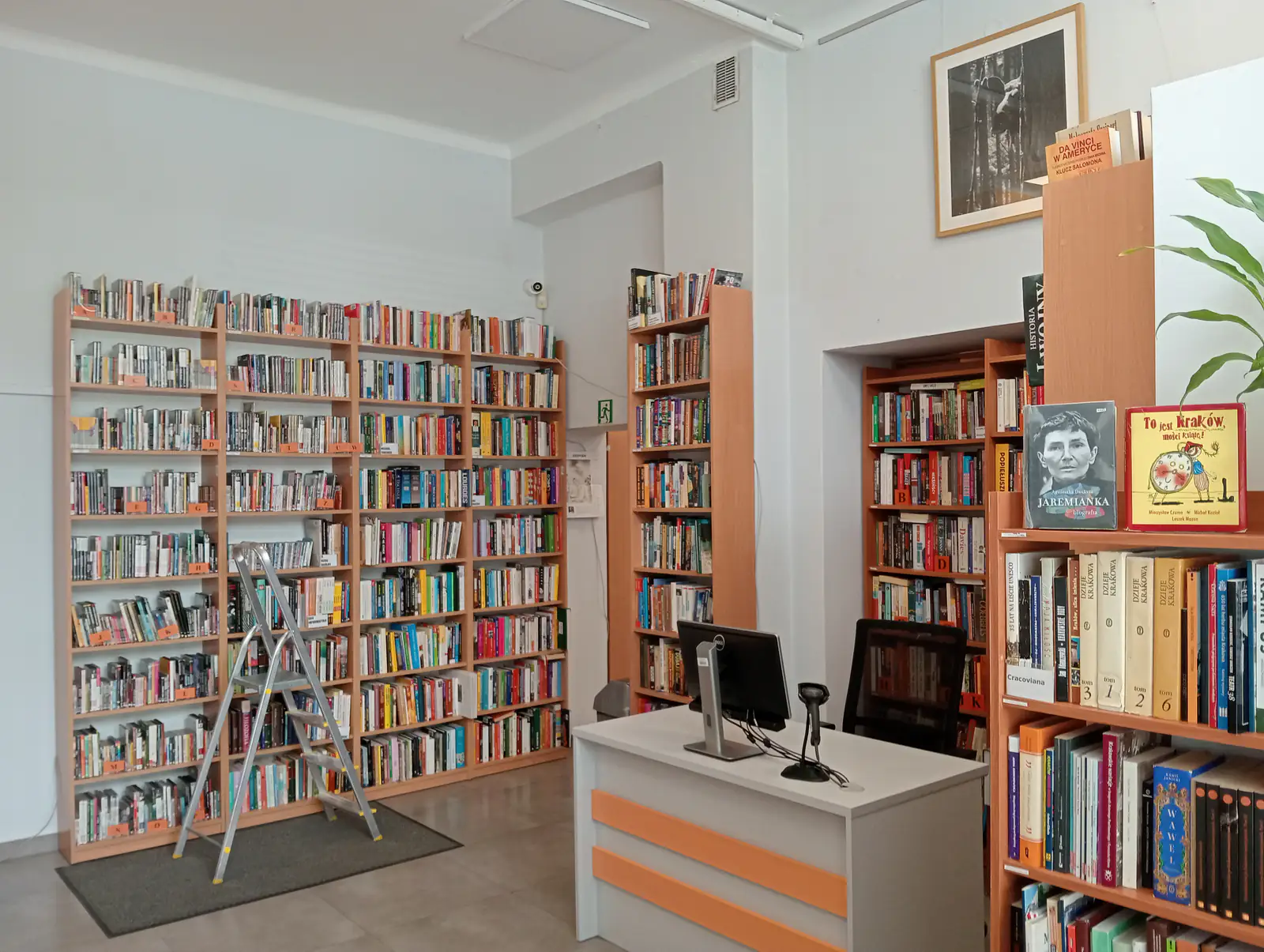 Czytelnia w oddziale Biblioteki Kraków przy ul. Dietla — regały z książkami i miejsca do czytania