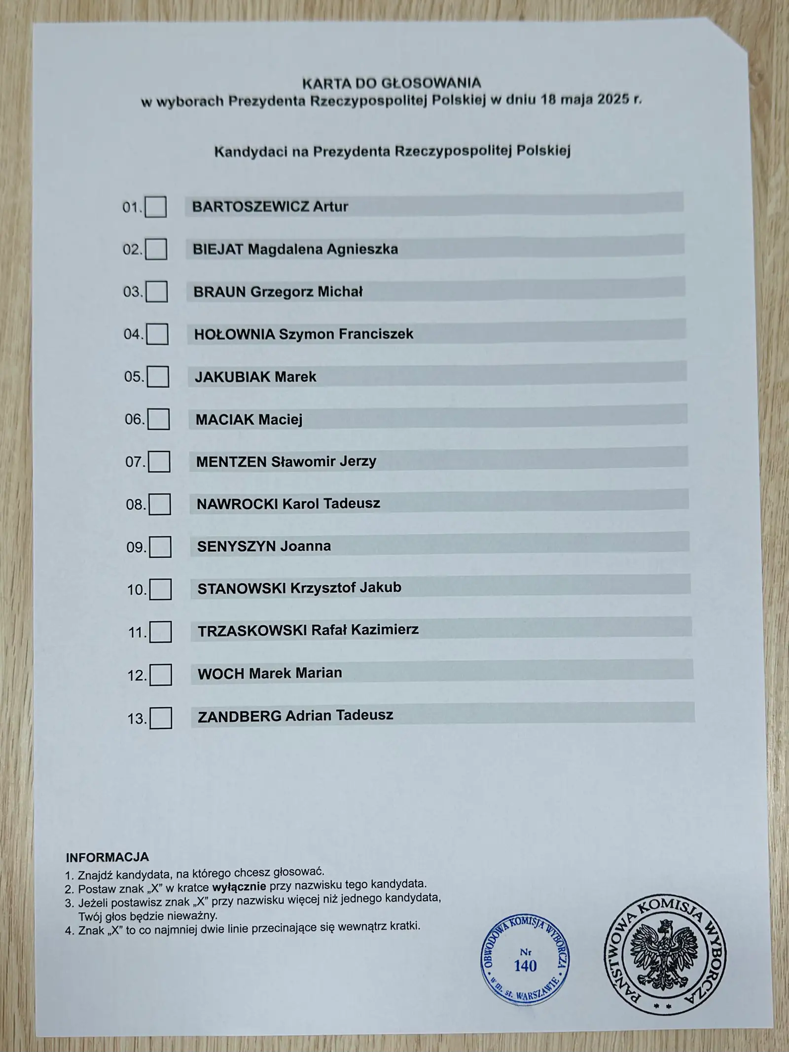 Karta do głosowania z wyborów prezydenckich 2025 — ilustracja głosowania