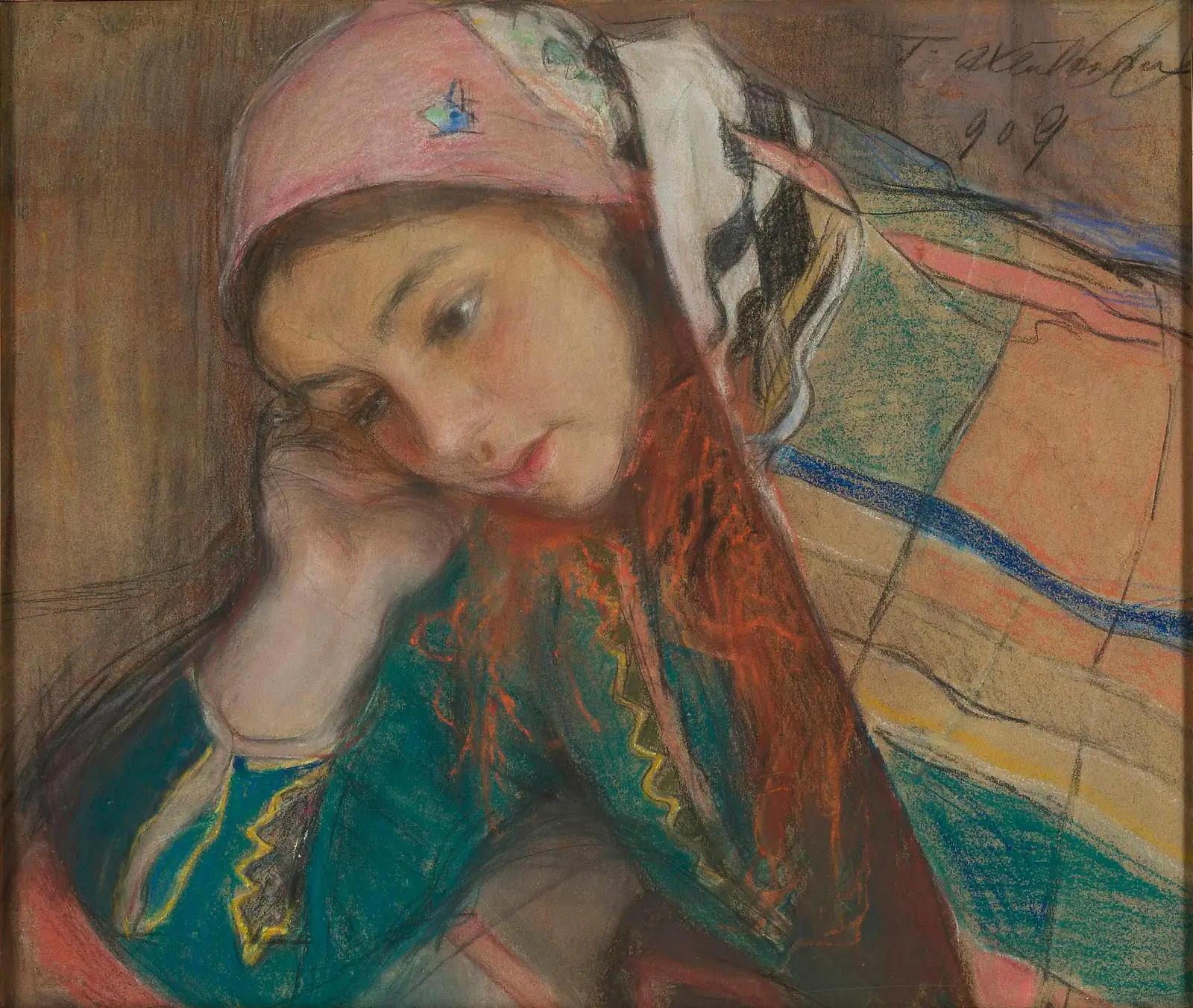 Portret dziewczyny w stroju krakowskim — obraz Teodora Axentowicza, zdjęcie ilustracyjne tradycyjnego stroju ludowego